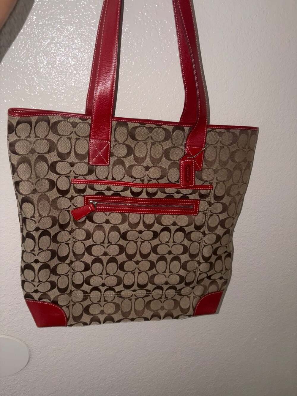 Coach Signature Canvas Red Leather Tote Bag